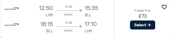 Non-stop flights from London, UK to Billund, Denmark for only £73 roundtrip with British Airways. Flight deal ticket image.