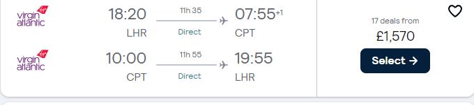 Click here to book this cheap flight deal. Business Class flights from London, UK to Cape Town, South Africa for only £1570 roundtrip with Virgin Atlantic. Flight deal ticket image.