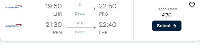 Non-stop flights from London, UK to Prague, Czech Republic for only £76 roundtrip with British Airways. Flight deal ticket image.