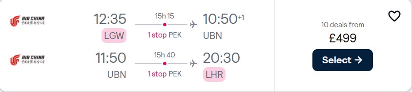 Cheap flights from London, UK to Ulaanbaatar, Mongolia for only £499 roundtrip. Flight deal ticket image.