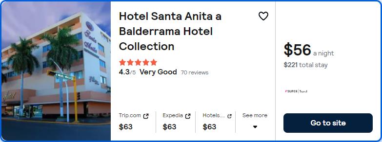 Click here to book this cheap flight deal. Stay at the 5* Hotel Santa Anita a Balderrama Hotel Collection in Los Mochis, Mexico for only $56 USD per night over New Year. Flight deal ticket image.