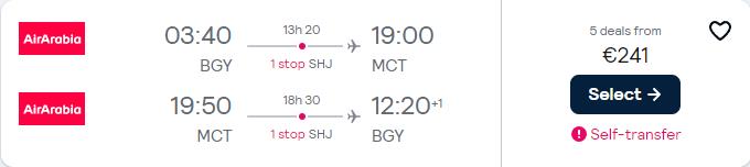 Cheap flights from Milan, Italy to Muscat, Oman for only €241 roundtrip. Flight deal ticket image.