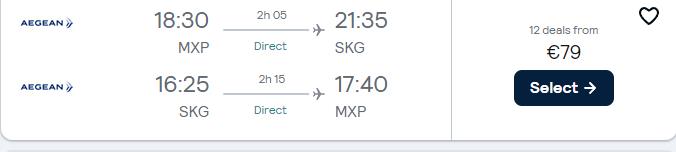 Non-stop flights from Milan, Italy to Thessaloniki, Greece for only €79 roundtrip with Aegean Airlines. Flight deal ticket image.