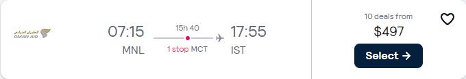 Click here to book this cheap flight deal. Business Class flights from Manila, Philippines to Istanbul, Turkey for only $497 USD one-way. Flight deal ticket image.
