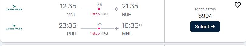 Business Class flights from Manila, Philippines to Riyadh, Saudi Arabia for only $994 USD roundtrip with Cathay Pacific. Flight deal ticket image.