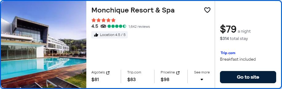 Click here to book this cheap flight deal. Stay at the 5* Monchique Resort & Spa in Monchique, Portugal for only $78 USD per night. Flight deal ticket image.