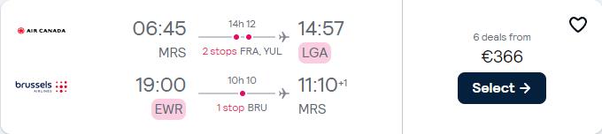 Cheap flights from Marseille, France to New York, USA for only €366 roundtrip with Lufthansa, Air Canada, United Airlines and Brussels Airlines. Flight deal ticket image.