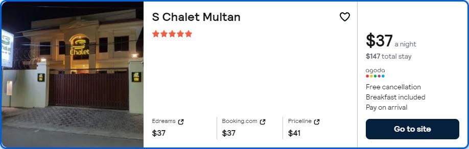 Click here to book this cheap flight deal. Stay at the 5* S Chalet Multan in Multan, Pakistan for only $37 USD per night. Flight deal ticket image.
