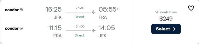 Non-stop flights from New York to Frankfurt, Germany for only $249 roundtrip. Flight deal ticket image.
