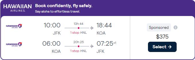 Cheap flights from New York to Kona, Hawaii for only $375 roundtrip with Hawaiian Airlines. Also works in reverse. Flight deal ticket image.
