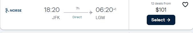 Non-stop, last minute flights from New York to London, UK for only $101 one-way. Flight deal ticket image.