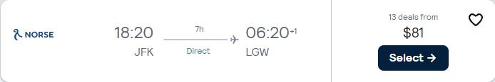 Non-stop, last minute flights from New York to London, UK for only $81 one-way. Flight deal ticket image.