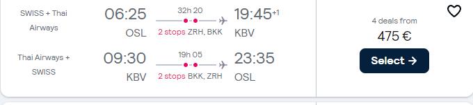 Cheap flights from Oslo, Norway to Krabi, Thailand for only €475 roundtrip with Swiss International Air Lines and Thai Airways. Flight deal ticket image.