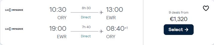 Business Class, summer flights from Paris, France to New York, USA for only €1320 roundtrip. Flight deal ticket image.