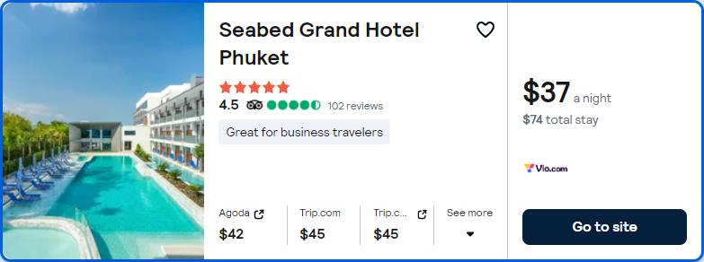 Click here to book this cheap flight deal. Stay at the 5* Seabed Grand Hotel Phuket in Phuket, Thailand for only $37 USD per night. Flight deal ticket image.