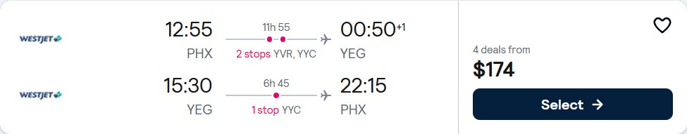 Click here to book this cheap flight deal. Cheap flights from Phoenix, Arizona to Edmonton, Canada for only $174 roundtrip. Flight deal ticket image.