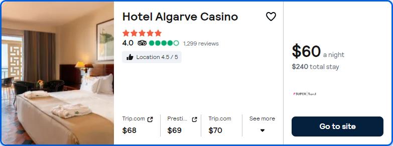 Click here to book this cheap flight deal. Stay at the 5* Hotel Algarve Casino in Portimao, Portugal for only $60 USD per night over Christmas. Flight deal ticket image.