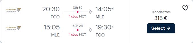 Cheap flights from Rome, Italy to the Maldives for only €315 roundtrip. Flight deal ticket image.