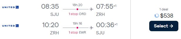 Cheap flights from San Juan, Puerto Rico to Zurich, Switzerland for only $538 USD roundtrip with United Airlines. Flight deal ticket image.