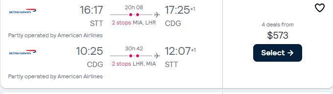 Cheap flights from the US Virgin Islands to Paris, France for only $573 USD roundtrip with American Airlines and British Airways. Flight deal ticket image.