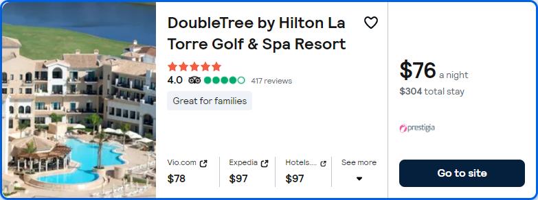 Click here to book this cheap flight deal. Stay at the 5* DoubleTree by Hilton La Torre Golf & Spa Resort in Torre-Pacheco, Spain for only $76 USD per night. Flight deal ticket image.