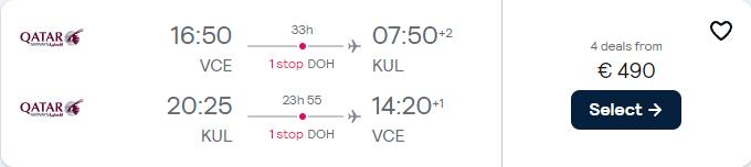 Click here to book this cheap flight deal. Cheap flights from Venice, Italy to Kuala Lumpur, Malaysia for only €490 roundtrip with Qatar Airways. Flight deal ticket image.