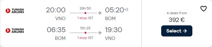 Cheap flights from Vilnius, Lithuania to Mumbai, India for only €392 roundtrip with Turkish Airlines. Flight deal ticket image.