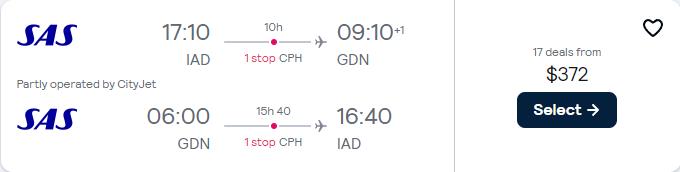 Click here to book this cheap flight deal. Cheap flights from Washington DC to European cities from only $372 roundtrip with Scandinavian Airlines. Flight deal ticket image.