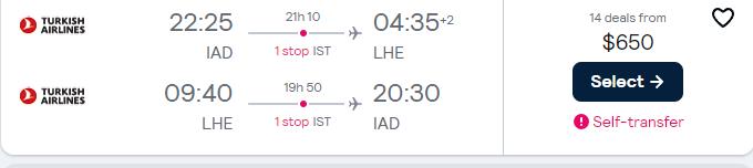 Click here to book this cheap flight deal. Cheap flights from Washington DC to Lahore, Pakistan for only $650 roundtrip with Turkish Airlines. Flight deal ticket image.