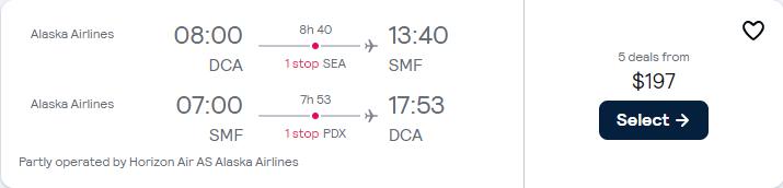 Click here to book this cheap flight deal. Cheap flights from Washington DC to Sacramento, California for only $197 roundtrip with Alaska Airlines. Also works in reverse. Flight deal ticket image.
