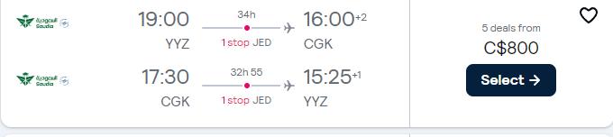 Cheap flights from Toronto, Canada to Jakarta, Indonesia for only $800 CAD roundtrip. Flight deal ticket image.