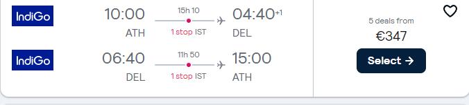Cheap flights from Athens, Greece to Delhi or Mumbai, India from only €347 roundtrip with Turkish Airlines. Flight deal ticket image.