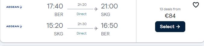 Click here to book this cheap flight deal. Non-stop flights from Berlin, Germany to Thessaloniki, Greece for only €78 roundtrip with Aegean Airlines. Flight deal ticket image.