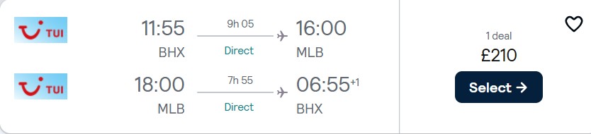 Non-stop, last minute flights from Birmingham or Manchester, UK to Melbourne, Florida from only £210 roundtrip. Flight deal ticket image.