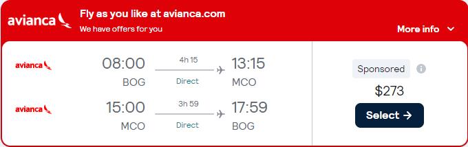 Non-stop flights from Bogota, Colombia to Orlando, Florida for only $273 USD roundtrip with Avianca. Flight deal ticket image.