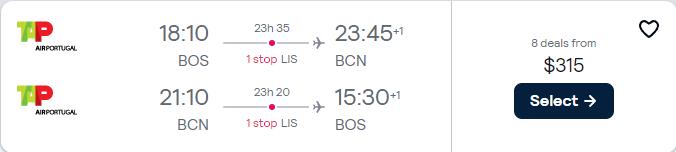 Cheap flights from US cities to Barcelona or Madrid, Spain from only $315 roundtrip with TAP Air Portugal. Flight deal ticket image.
