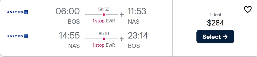 Click here to book this cheap flight deal. Cheap flights from Boston to the Bahamas for only $284 roundtrip with United Airlines. Flight deal ticket image.