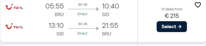 Cheap flights from Brussels, Belgium to Sal or Boa Vista, Cape Verde from only €215 roundtrip. Flight deal ticket image.