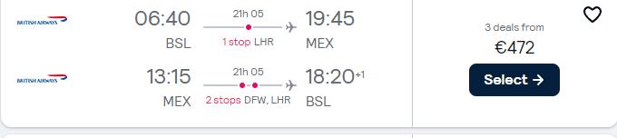 Cheap flights from Swiss cities to Mexico City, Mexico from only €472 roundtrip with British Airways and American Airlines. Flight deal ticket image.