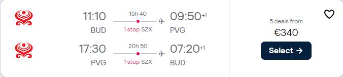Cheap flights from Budapest, Hungary to Shanghai or Beijing, China from only €340 roundtrip with Hainan Airlines. Flight deal ticket image.