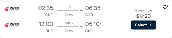 Business Class, Christmas and New Year flights from Chongqing, China to Budapest, Hungary for only $1420 USD roundtrip. Flight deal ticket image.