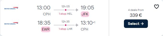 Cheap flights from European cities to US cities from only €338 roundtrip with Finnair and British Airways. Flight deal ticket image.