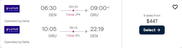 Cheap flights from Denver, Colorado to Sao Paulo, Brazil for only $447 roundtrip with Delta Air Lines. Flight deal ticket image.