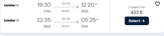 Click here to book this cheap flight deal. Non-stop flights from Frankfurt, Germany to Bangkok or Phuket, Thailand from only €433 roundtrip. Flight deal ticket image.
