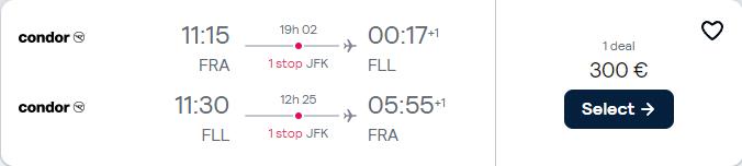 Cheap flights from Frankfurt, Germany to Fort Lauderdale, USA for only €300 roundtrip with JetBlue. Flight deal ticket image.