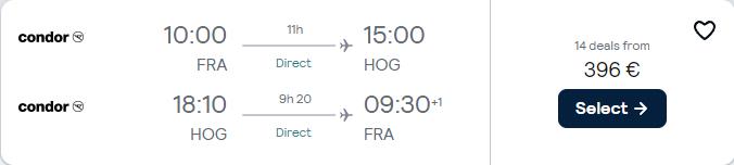Non-stop flights from Frankfurt, Germany to Holguin, Cuba for only €393 roundtrip. Flight deal ticket image.