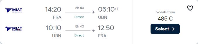 Non-stop flights from Frankfurt, Germany to Ulaanbaatar, Mongolia for only €485 roundtrip. Flight deal ticket image.