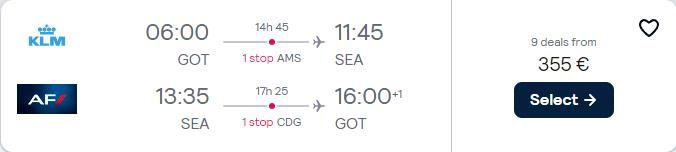 Cheap flights from Gothenburg, Sweden to Seattle, USA for only €355 roundtrip with KLM, Delta Air Lines and Air France. Flight deal ticket image.