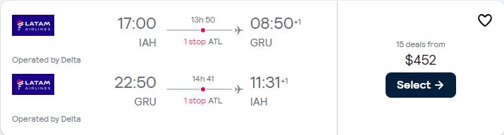 Cheap flights from Houston, Texas to Sao Paulo, Brazil for only $452 roundtrip with Delta Air Lines. Flight deal ticket image.