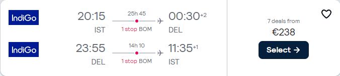 Cheap flights from Istanbul, Turkey to Delhi, India for only €238 roundtrip. Flight deal ticket image.